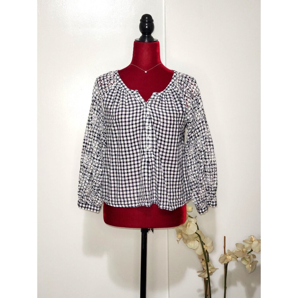 Anthropologies Akemi+Kin Women’s Black White Presley Gingham Eyelet Top Sz S 969 - Picture 3 of 10